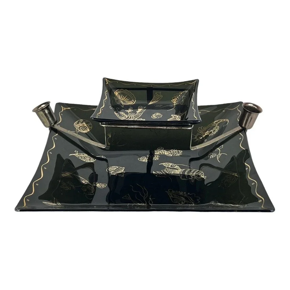 2 Tier Black Glass Tray Dish Gold Sea Creatures‎ Candle Holder MCM Chip Dip VTG